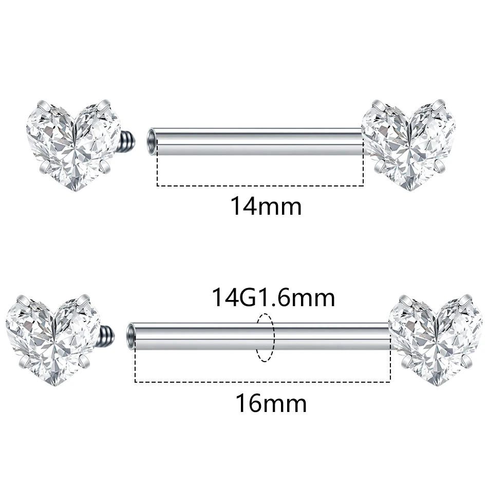 1Pc/5Pcs G23 Titanium Heart CZ Crystal Nipple Ring Internally Threaded Nipple Barbell Piercing Body Jewelry