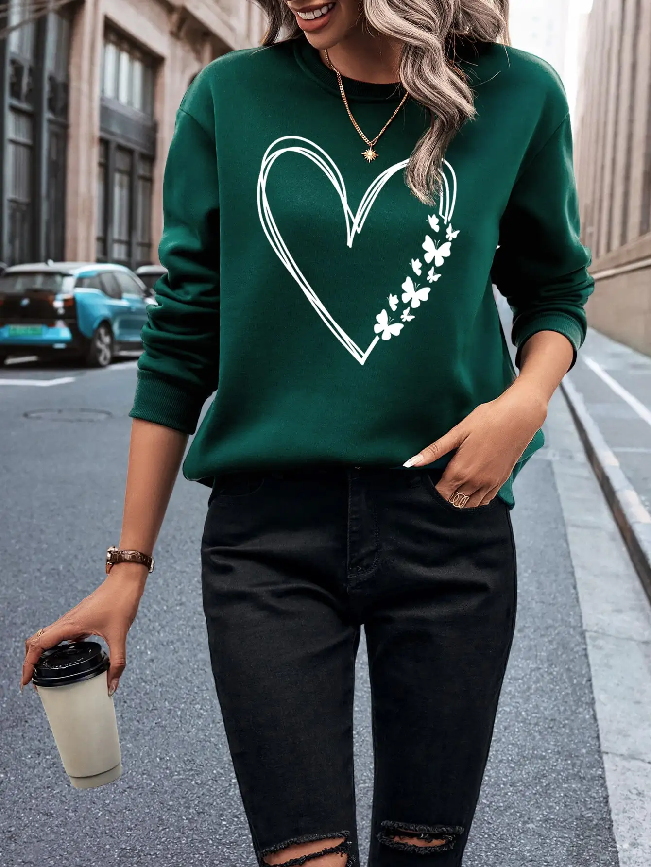 

Женская повседневная толстовка с принтом зеленого сердца и бабочки, осенне-зимняя, с длинными рукавами