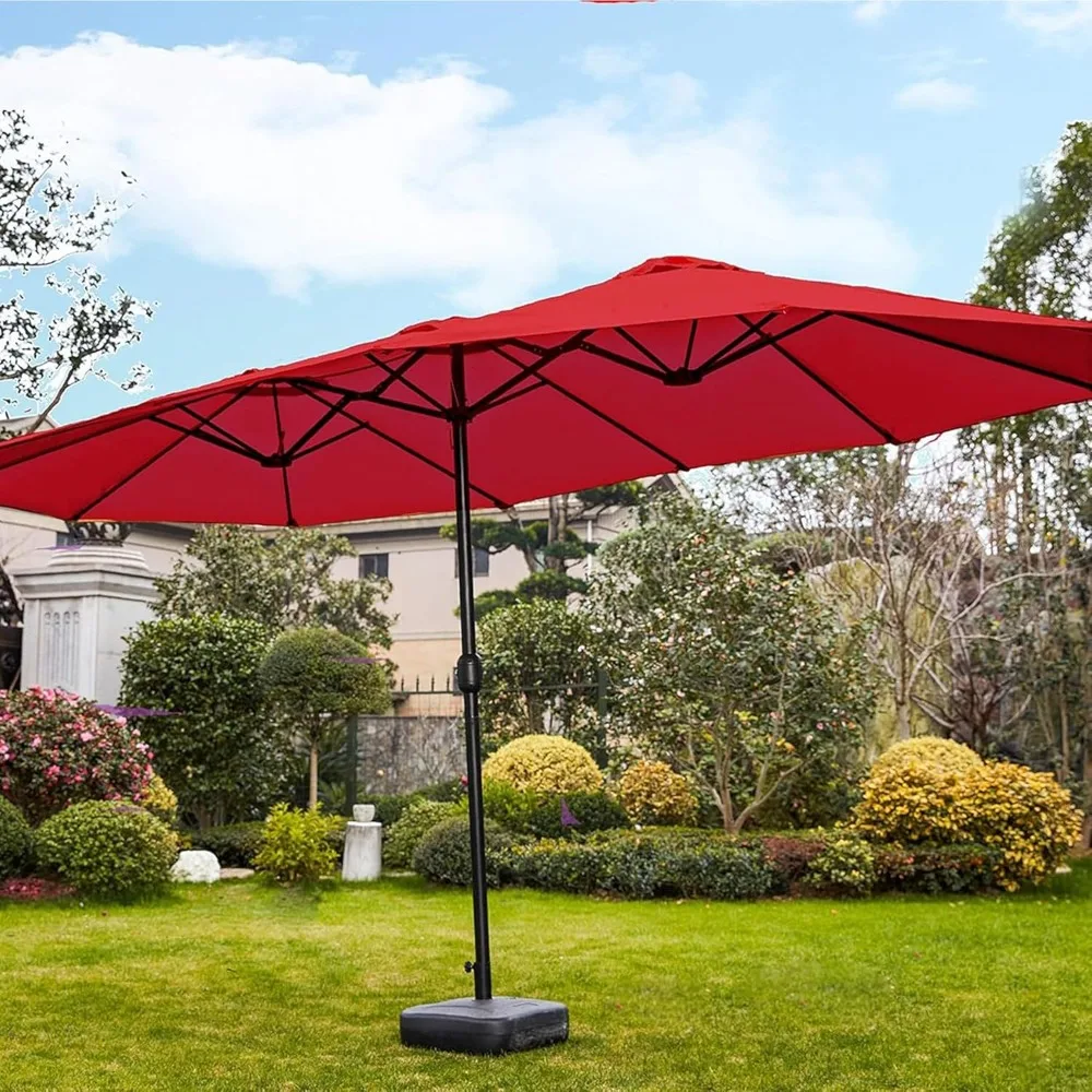 

15x9ft Large Patio Umbrella with Solar Power Lights & Base, Double-Sided Rectangular Outdoor Market Umbrella Patio Umbrella