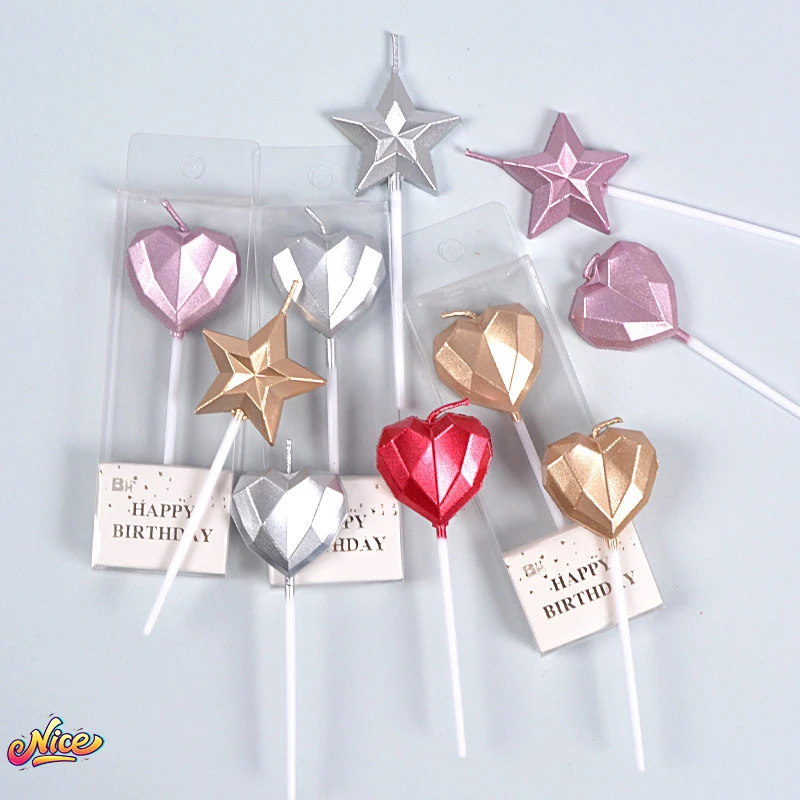 3/5 pezzi candela 3D forniture per feste di compleanno stella cuore oro argento paraffina champagne cake topper candela di compleanno decorazione cupcake