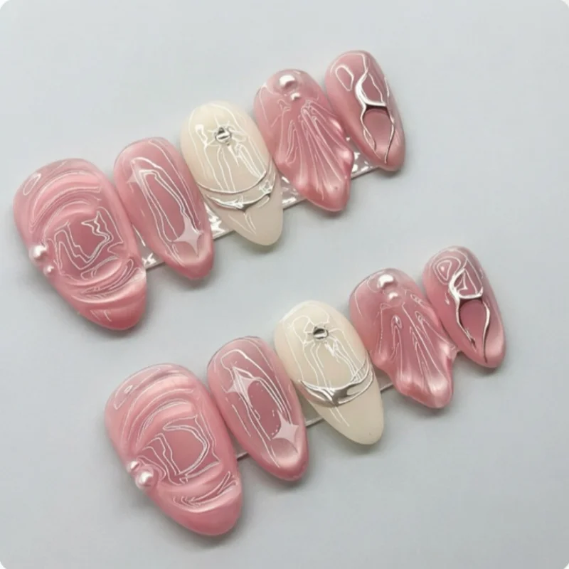 10 Stück 3D Tüll-Schleife Strass Handgemachte Nägel Rosa Farbverlauf Gepunktete Künstliche Nägel Mandelförmige Süße Aufklebenägel für Frauen & Mädchen