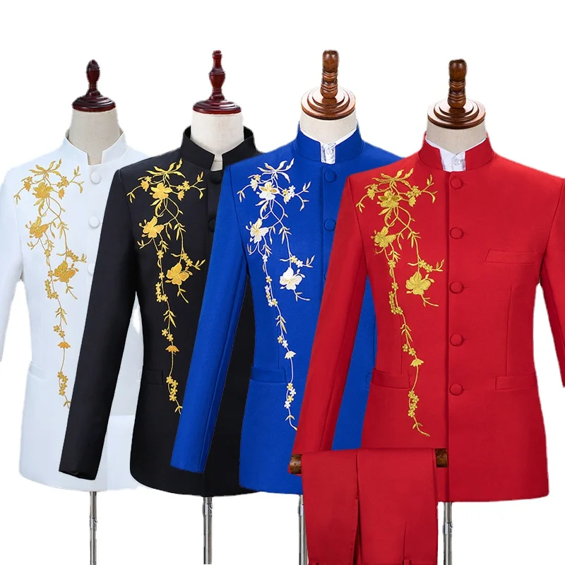 

New 2Pcs Stand Collar Embroidery Suit Black White Red Men Stage Party Performance Outfit