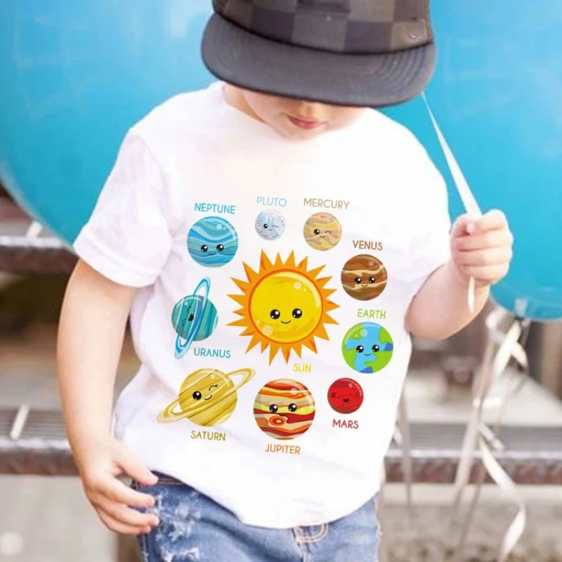 Child Short Sleeve Shirts Planets Print Kids T-Shirt Astronaut Toddler Shirt Boy Girl Clothes Kid Birthday Gift Children Tee