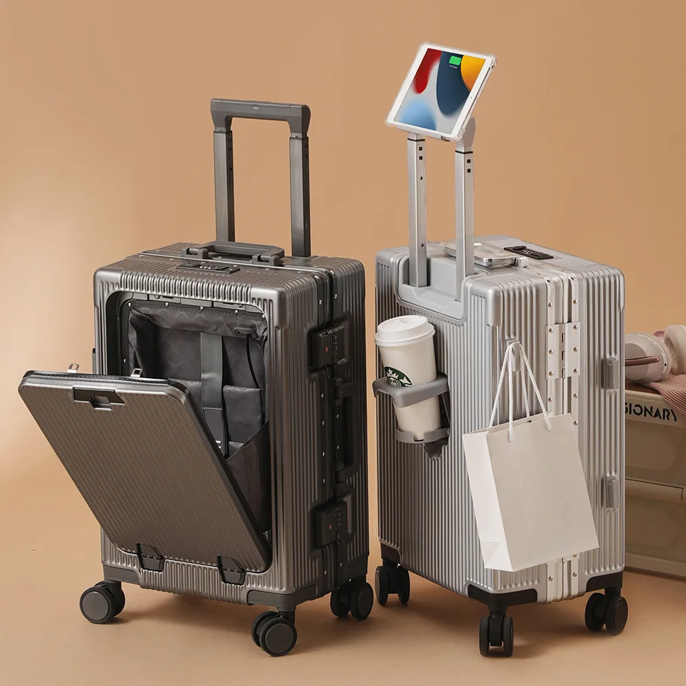 حقيبة جيب مفتوحة أمامية مع قفل إطار من سبائك الألومنيوم، قابس شحن USB، حقائب سفر بعجلات دوارة، أمتعة دوارة