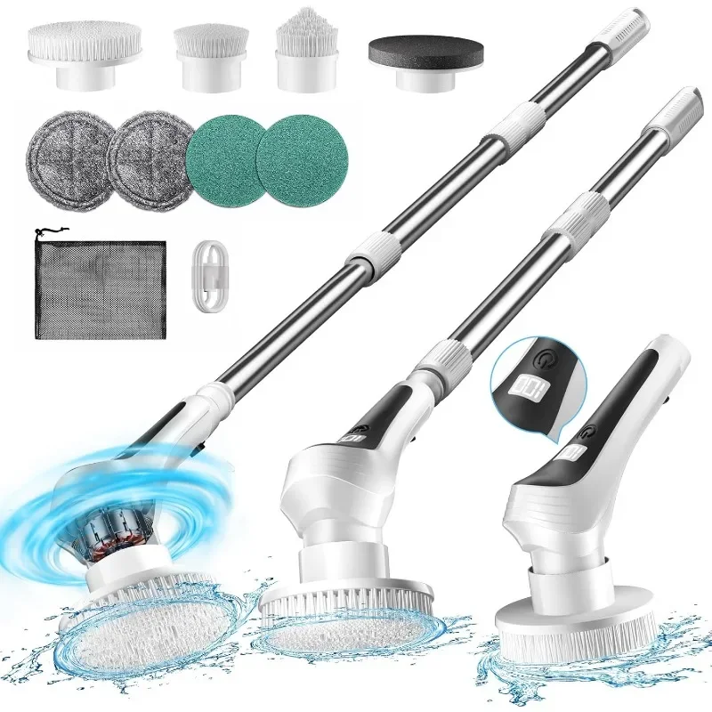 Cordless Shower Scrubber with Power Display Screen,IP68 Waterproof Bath Cleaning Brush,Adjustable Extension Handle & 2 Speeds