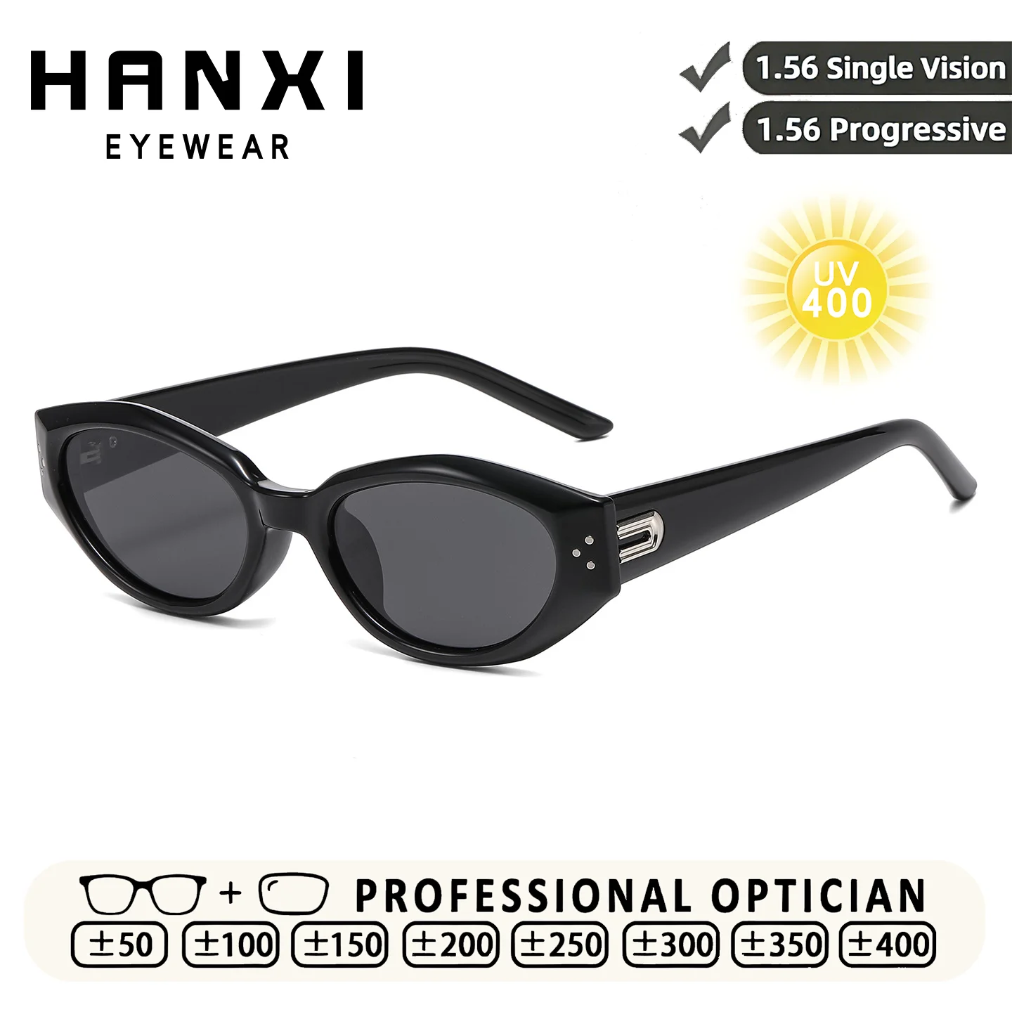 HANXI Prescription Shades Women Glasses Cat Eyes UV400 Anti Glare Sunglasses Myopia Progressive Optical Prescription Eyewear