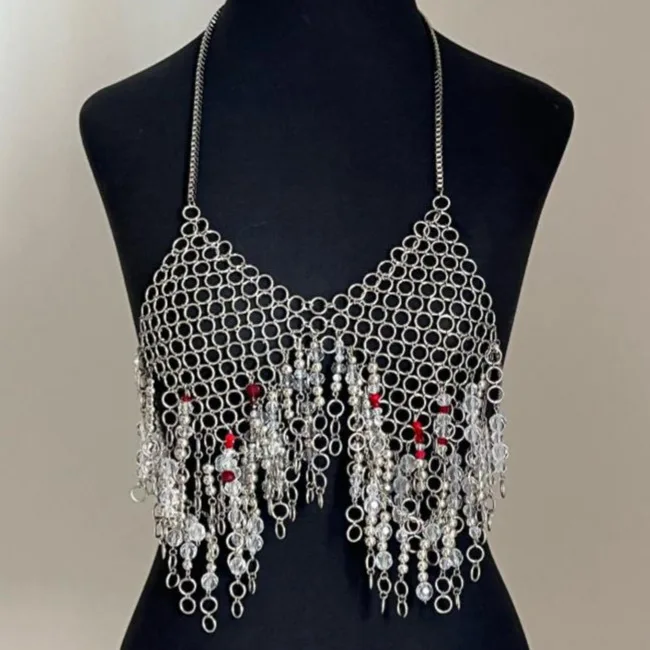 Metal Alloy Chain Vest Halter Camis Tops Crystal Pendant Bra Chain European Sexy Night Club Costume Dance Show Party Body Chain