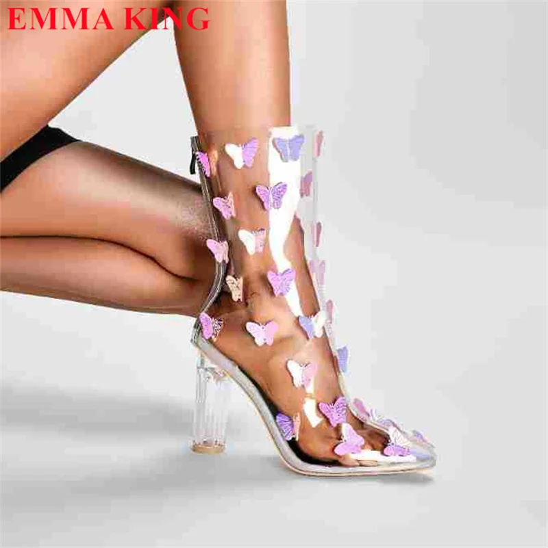 

Fashion Transparent PVC Butterfly-knot Ankle Boots Women Fashion Pointed Toe Chunky Shoes Crystal High Heels Zipper Short Boots
