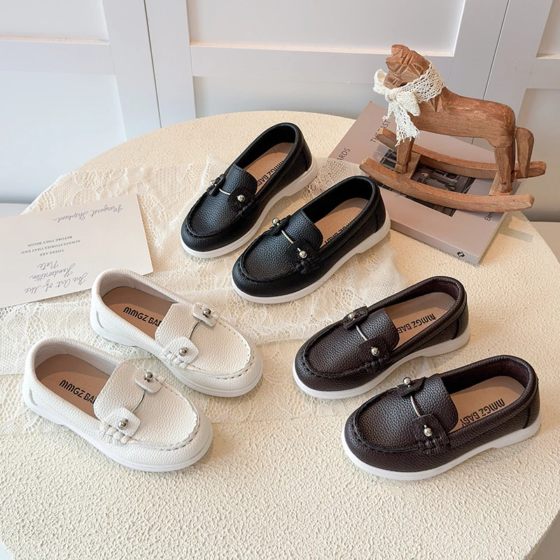 Kids Classic Leather Loafers with Metal Button, Soft Non-slip White Sole, Slip-on Design for Boys School Daily Wear