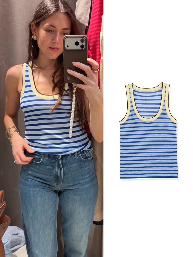 TFMLN Damen Sommer Gestreiftes Tanktop Gestrickte Shirts U-Ausschnitt Lässiges Basic Elastisches Top Sexy Ärmellos Modische Dünne Damen-Camisole