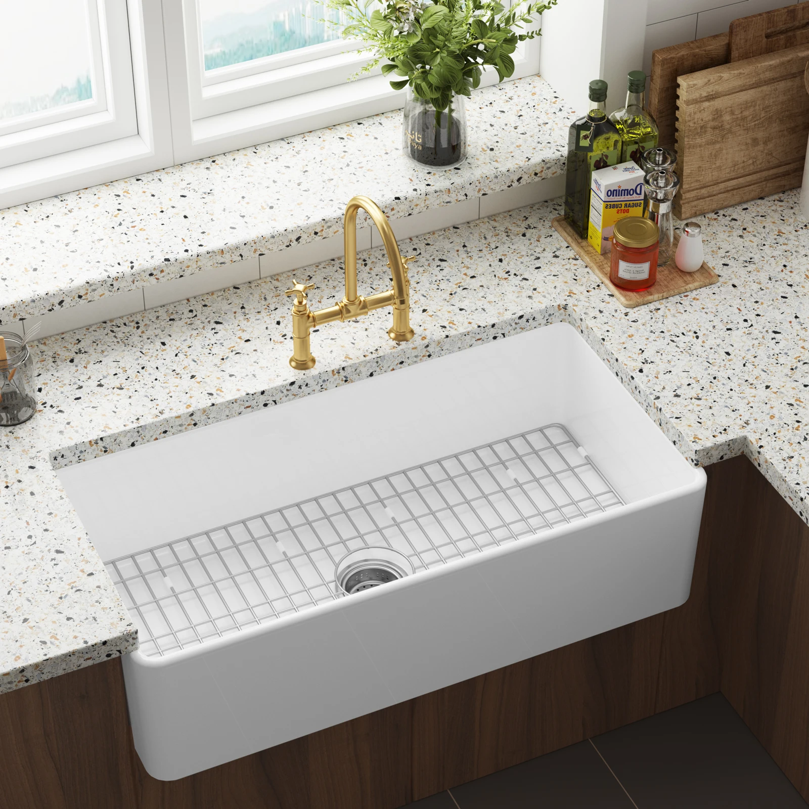 Versatile Deep Fireclay Farmhouse Kitchen Basin - 33 Inch Single Bowl Apron Front, Undermount or Drop-In, Includes Bottom Grid & Strainer, Modern Durable Ceramic for Kitchen or Laundry