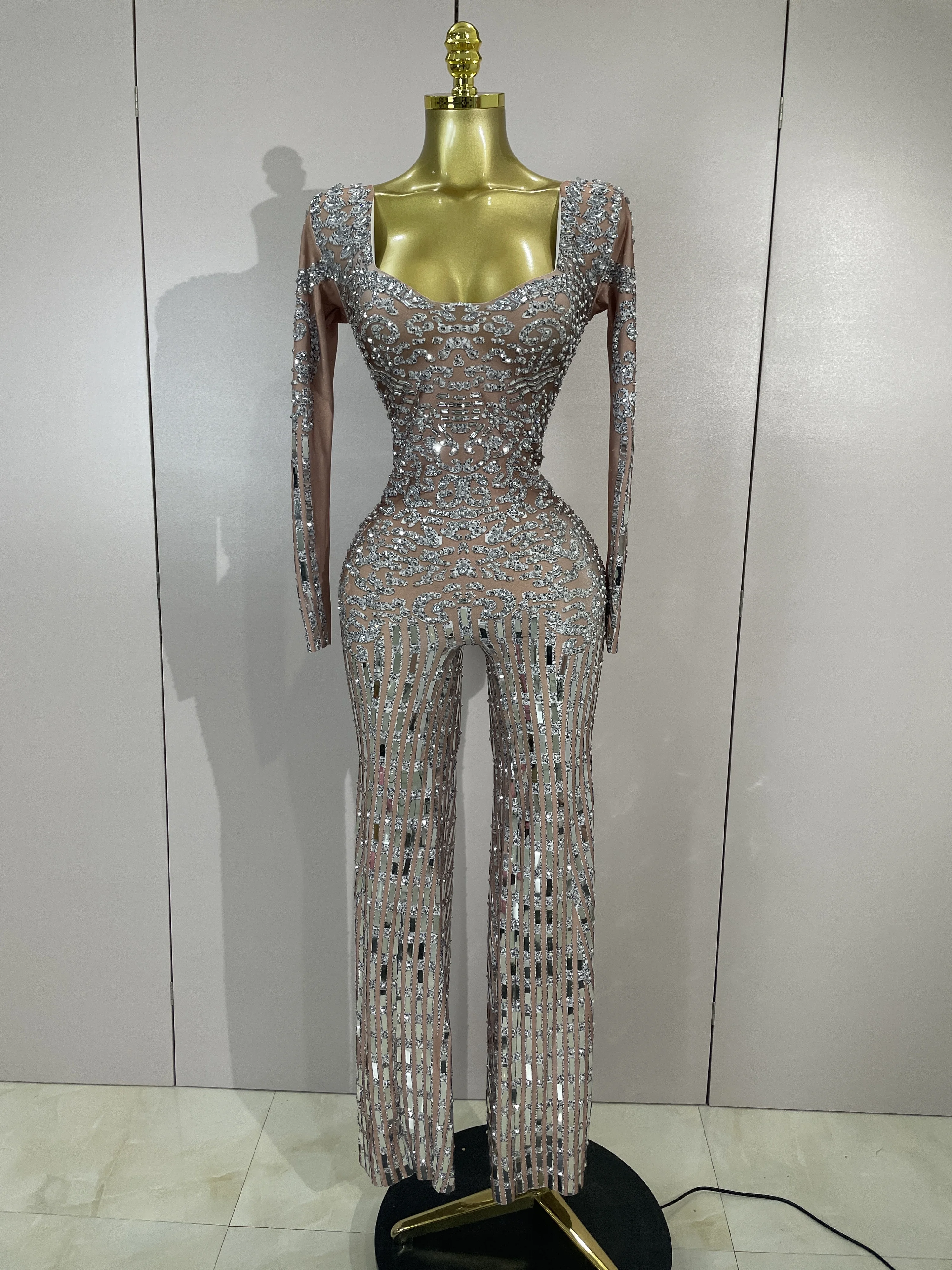 Sparkly Black Rhinestones Sequined Fringe Jumpsuit Women Sexy Nightclub Party Birthday Outfit Show Singer Stage Perform Costume