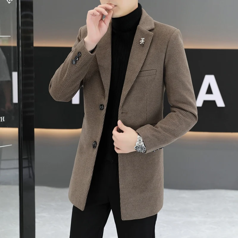 

Faionable Woolen Coat Men's Slim Fit Youth Autumn Winter Korean Sle Mid-Length Windbreaker Faionable Urban Sle