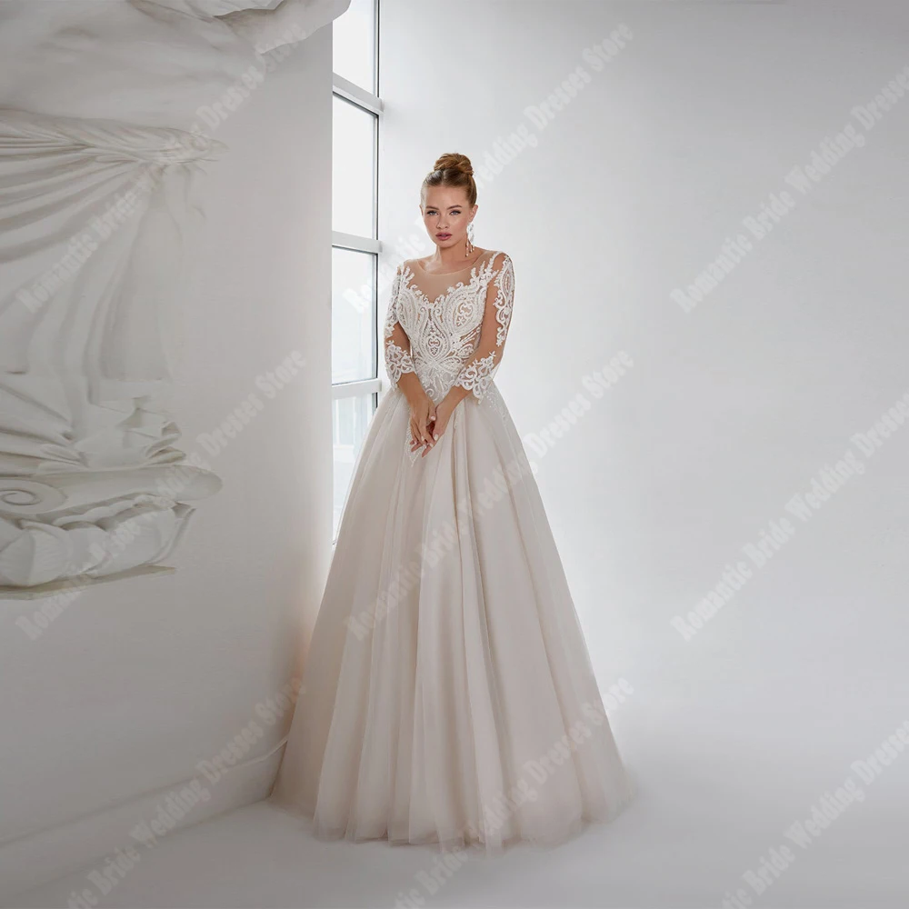 보헤미안 시어 A라인 여성 웨딩드레스 맞춤 제작 우아한 레이스 아플리케 긴팔 신부 드레스 롱 드레스 베스티도 데 노비아