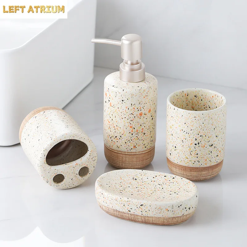 

luxury high-end washing kit sub-bottle spotted wood bottom bathroom lotion bottle soap dish ceramic bathroom four-piece set