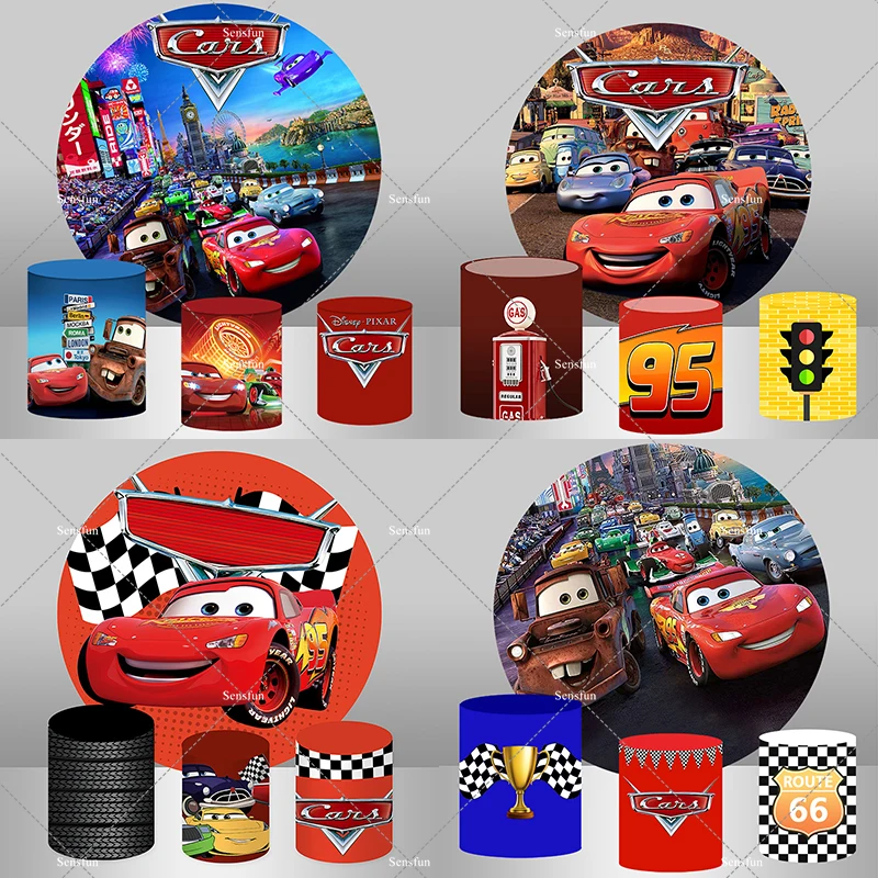 

Cartoon Movie Cars Round Backdrop Boys Birthday Party Baby Shower Kids Racing Story Flags Route 66 Background Cylinder Covers