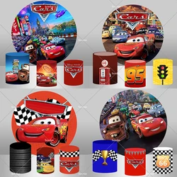 Cartoon Movie Cars Round Backdrop Boys Birthday Party Baby Shower Kids Racing Story Flags Route 66 Background Cylinder Covers