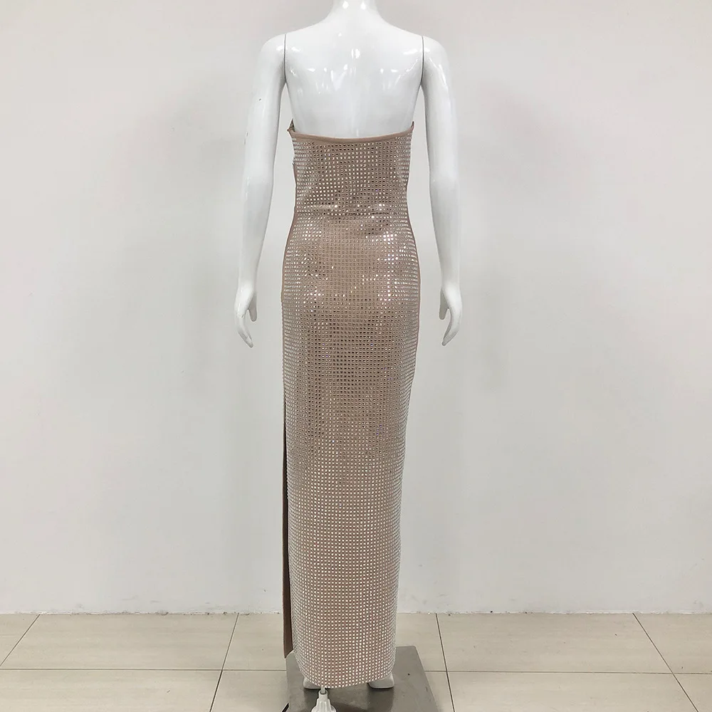 Women Sexy Strapless Backless Crystal Diamonds Beige Split Maxi Long Bodycon Gowns Dress 2024 Elegant Evening Club Party Outfit