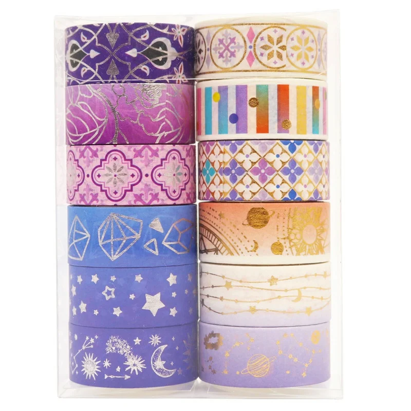 12 Rolls Gold-Foiled Universe Washi Paper Tape Student Learning Supplies Stationery Supplies Album Decorative Tape