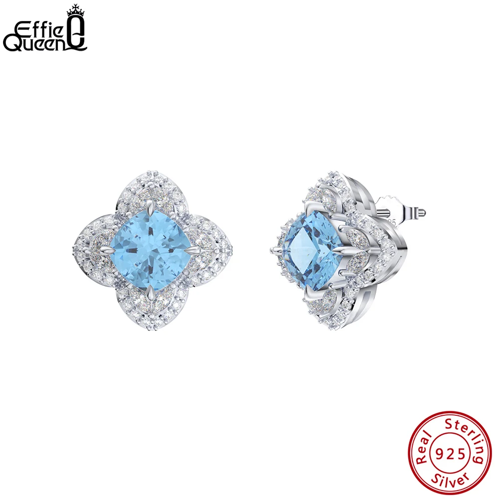 

Effie Queen Elegant Created Aquamarine Earrings 925 Sterling Silver Flower 4A CZ Stud Earrings for Women Wedding Jewelry LZE09