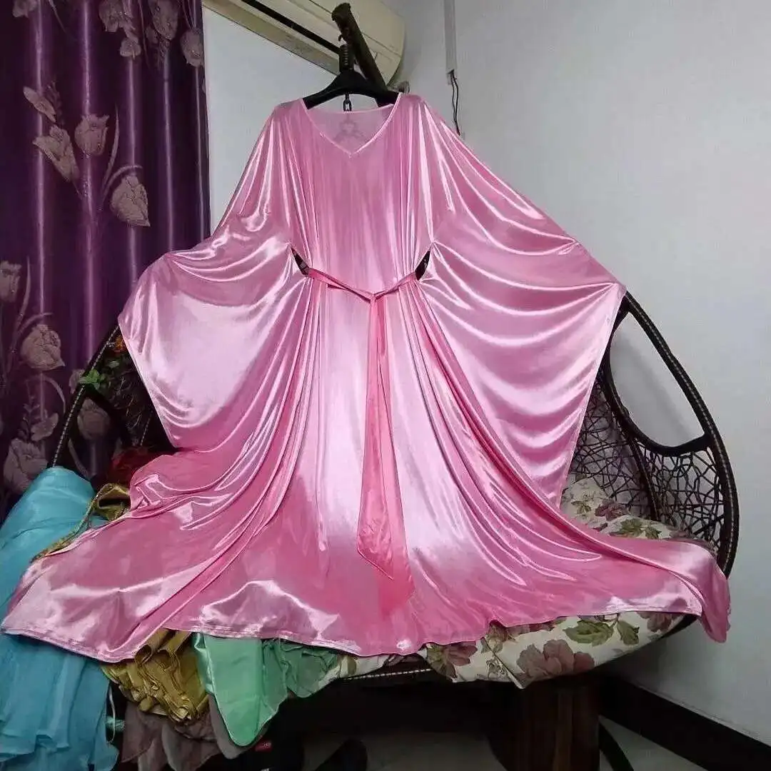 لامعة مثير المرأة الساتان فستان طويل كم طويل فستان سهرة فضفاض بالإضافة إلى حجم رداء النوم