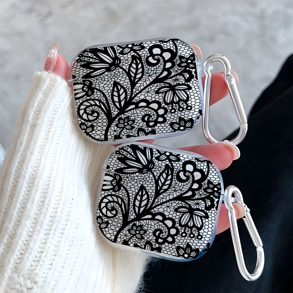 Black Lace Floral Pattern Clear Earphone Case for AirPods Pro 3/Pro 2/Pro Earbuds Case for AirPods 1/2/3/4 TPU Protective Cover