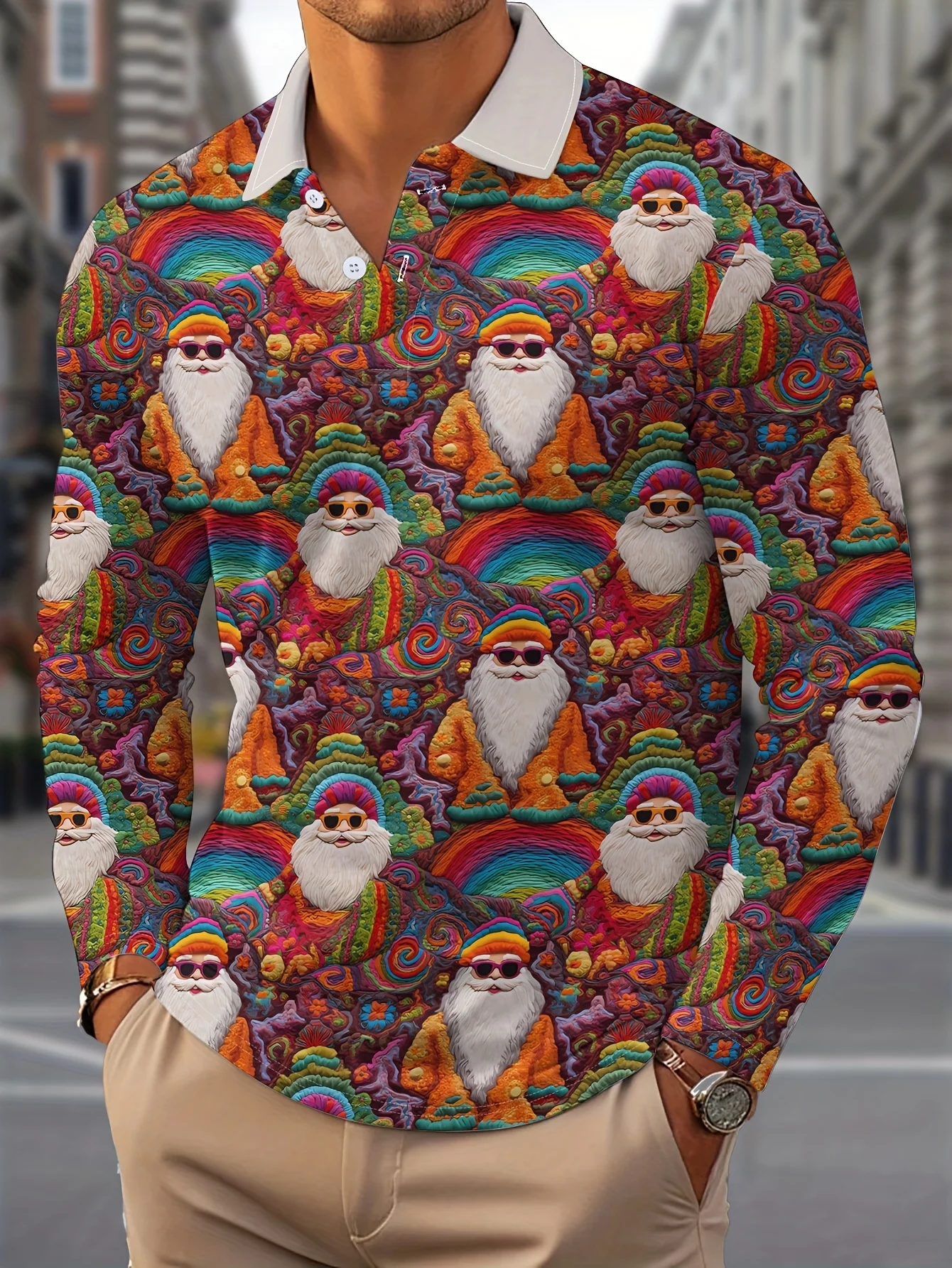 

2025 Christmas new Men's POLO shirt long-sleeved casual and fashionable 3D printed street men's wear