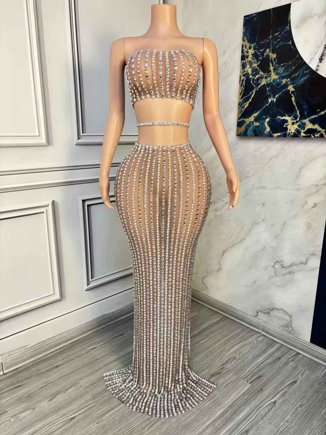 European and American Stage Performance Clothing Heavy Industry Full Diamond Tube Top Fishtail Long Skirt Model Guest Catwalk Se