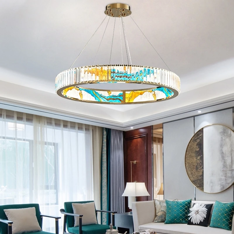 LED Long Pendant Lamp For Living Room Bedroom Kitchen Round Enamel Light Crystal Chandelier In Oriental Style Home Furniture