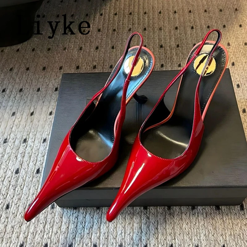 

Liyke Runway Style Patent Leather Women Pumps Fashion Slip On Back Strap Sandal Sexy Pointed Toe Red High Heels Party Dress Shoe