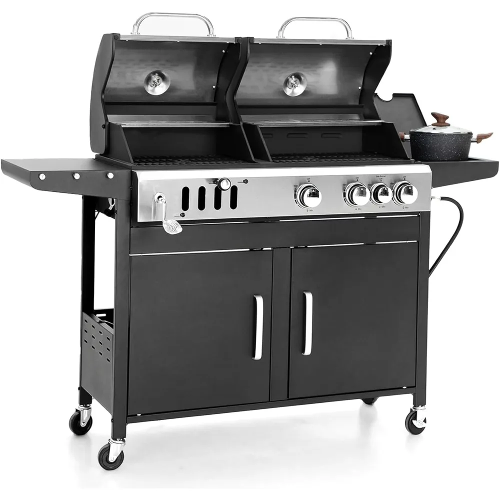 

Charcoal and Propane Gas Grill Combo with Side Burner & Porcelain-Enameled Cast Iron Grate, Dual Fuel BBQ Grill