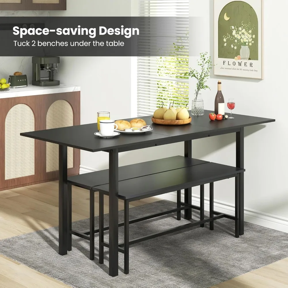 طقم طاولة طعام مكون من 3 قطع لطاولة مطبخ قابلة للتمديد مقاس 4-6، 63 بوصة مع مقعدين، حجرة طعام موفرة للمساحة مع إطار معدني #4