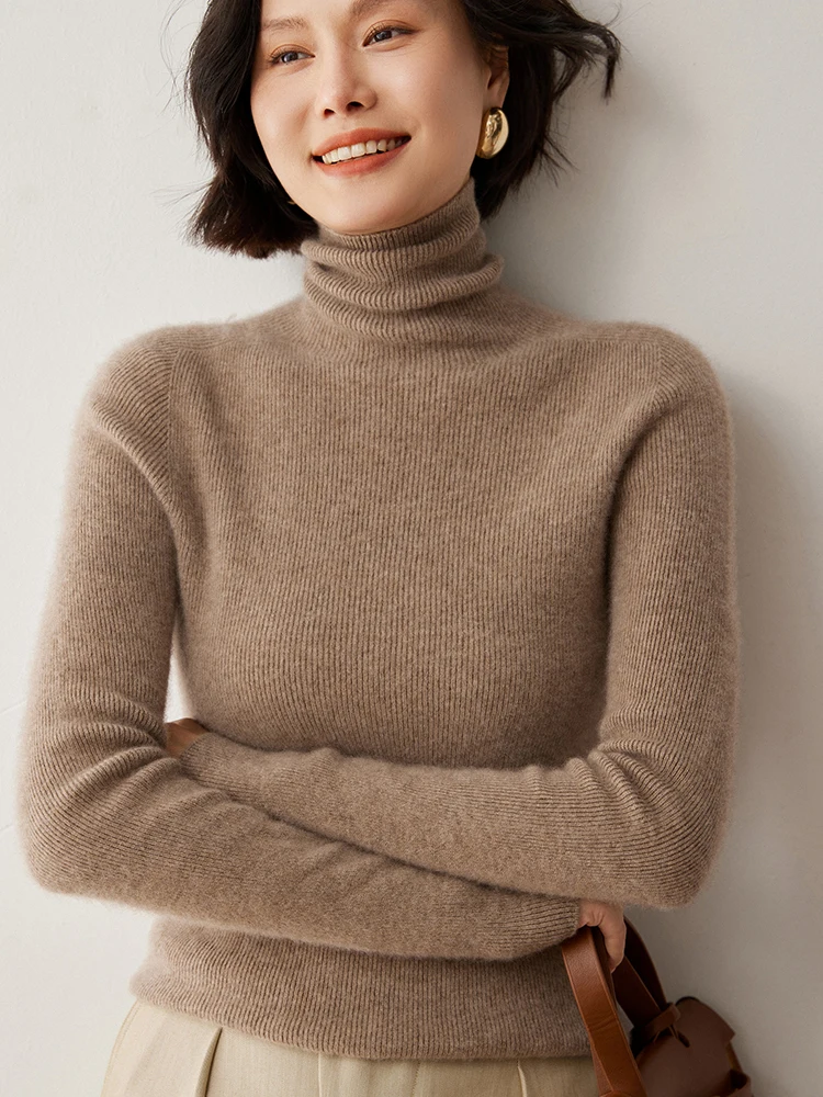 

Basic Sweater Autumn Winter Women's Sweater Pile Collar Turtleneck 100% Cashmere Sweater Pullover Knit Soft Keep Warm Slim Tops