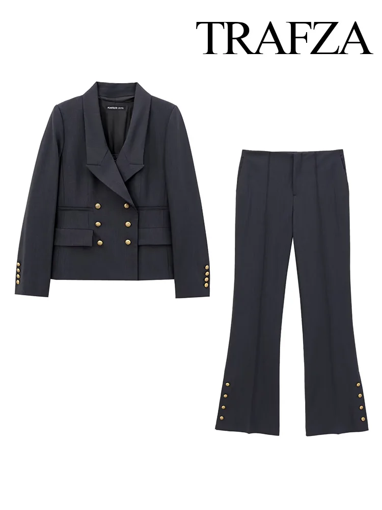 TRAFZA Autumn Women Elegant Slim Turn-down Collar Long Sleeve Blazer Button Decoration 2-piece Set Retro High Waist Bell-bottoms