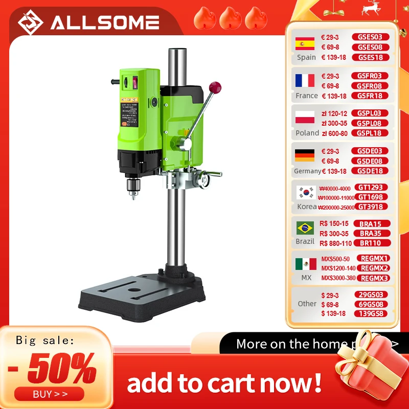 ALLSOME Mini Bench Drill Bench Drilling Machine Variable Speed Drilling Chuck 1-16mm For DIY Wood Metal Electric Tools