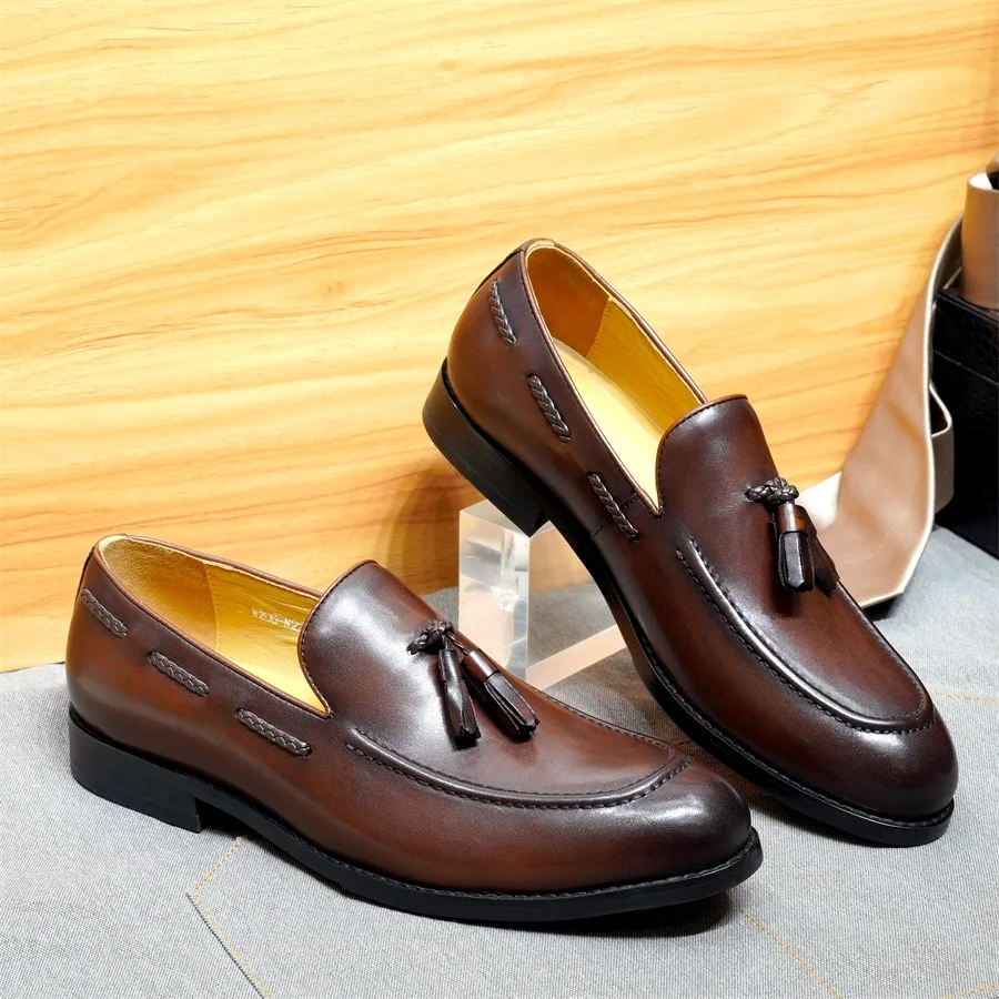 

Men's Genuine Cowhide Leather Tassel Loafers - Brown & Black for Formal Business, Smart Casual & Evening Gatherings