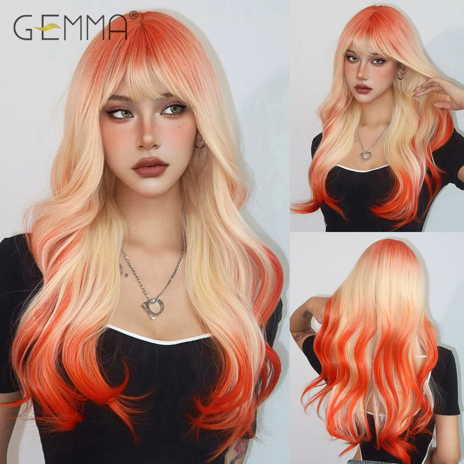 Blonde Orange Ombre Synthetic Wig with Bangs Long Wavy Cosplay Lolita Hair Wigs for Women Natural Heat Resistant Fibre Fake Hair