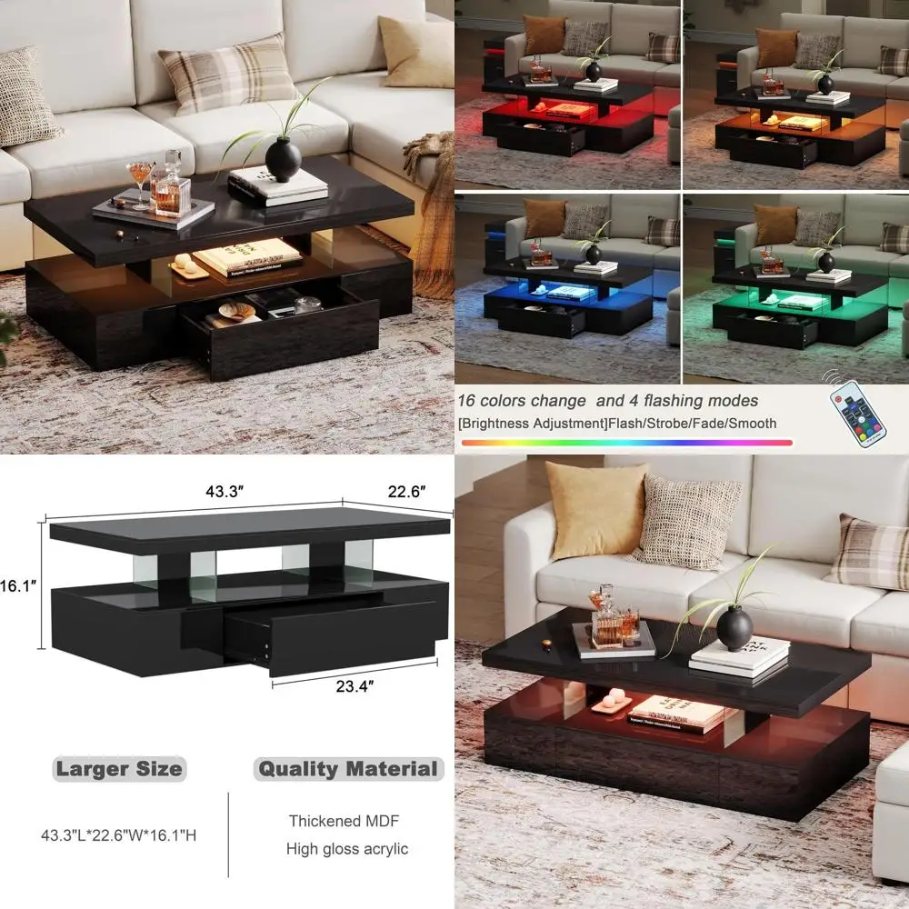 

Glossy Modern Coffee Table with Storage, Suitable for Living and Bedroom Spaces