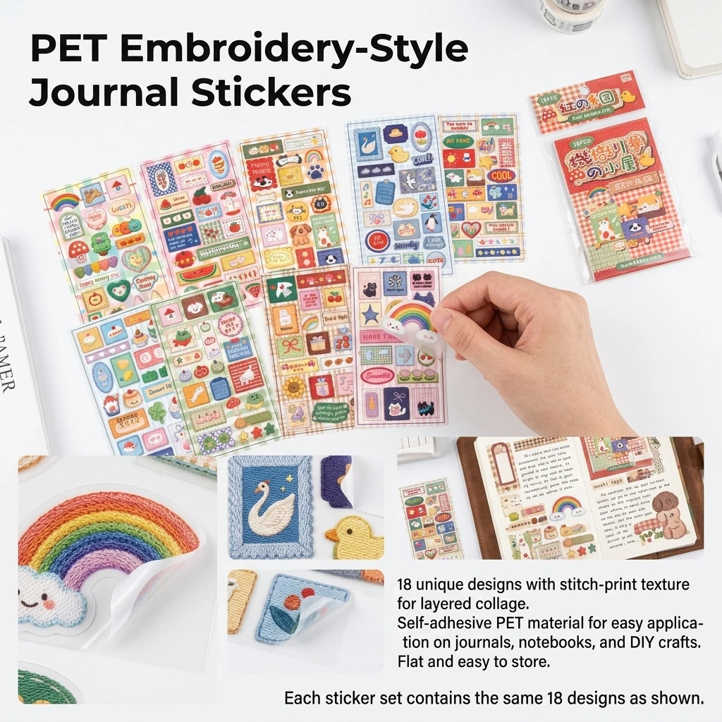 PET Stickers Faux Embroidery Decals Vintage Cute and Delicate Embroidery Sticker Book for Adults Sticker Journaling Stickers