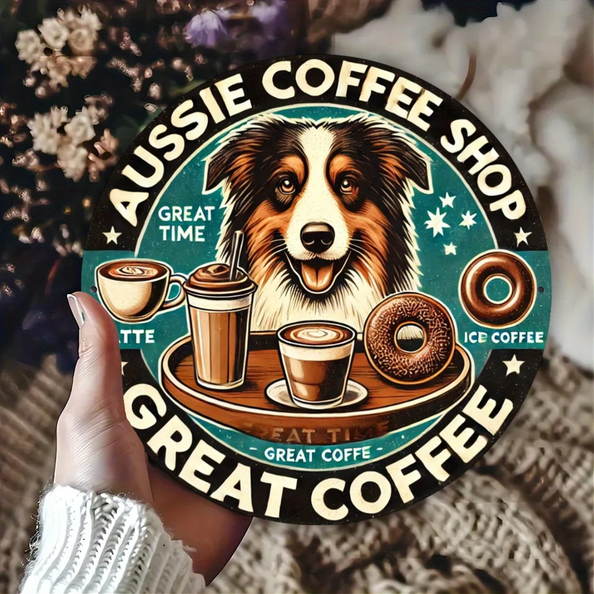 2D Flat, 2D Flat Plane, 1pc Vintage Australian-Style Coffee Shop Metal Sign with Australian Shepherd Pattern - 20.32x20.32cm Rou