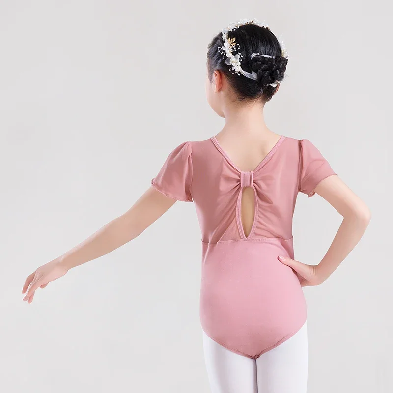 Trykot baletowy dla dzieci z krótkim rękawem, trykot dla małych dziewczynek, trykot taneczny z siateczkowymi wstawkami i kokardą do baletu i treningu rytmicznego.