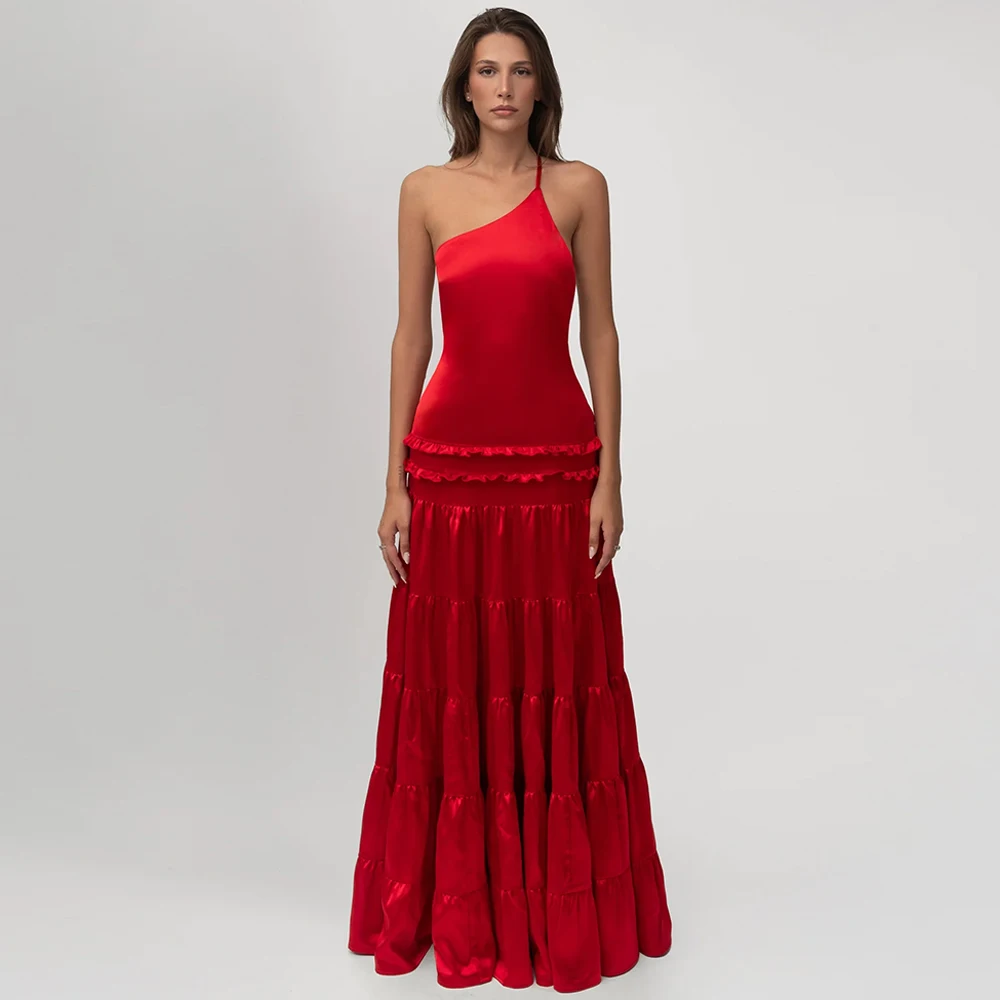 

Индивидуальные высококачественные красные атласные вечерние платья на одно плечо без рукавов, платья для выпускного вечера, классические платья для особых случаев
