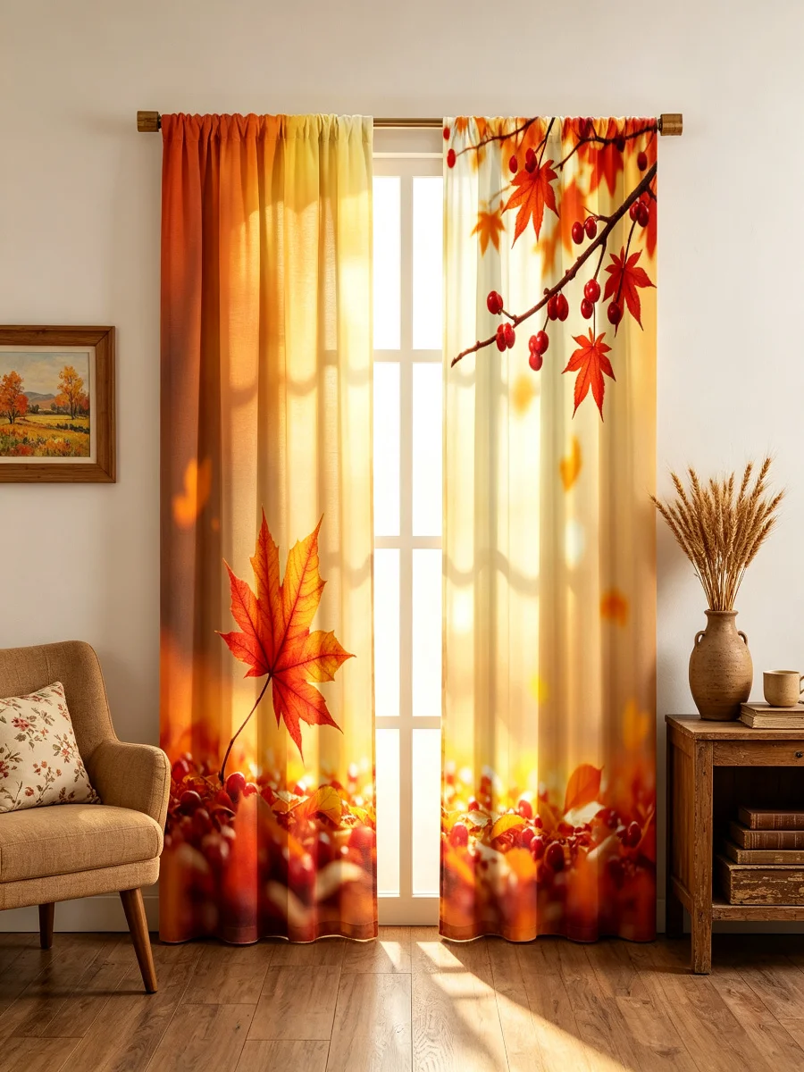 2PCS Digital Print Curtains, Autumn Maple Leaves Fall Foliage, Golden Red Berry Rod Pocket Drapes for Bedroom Living Room
