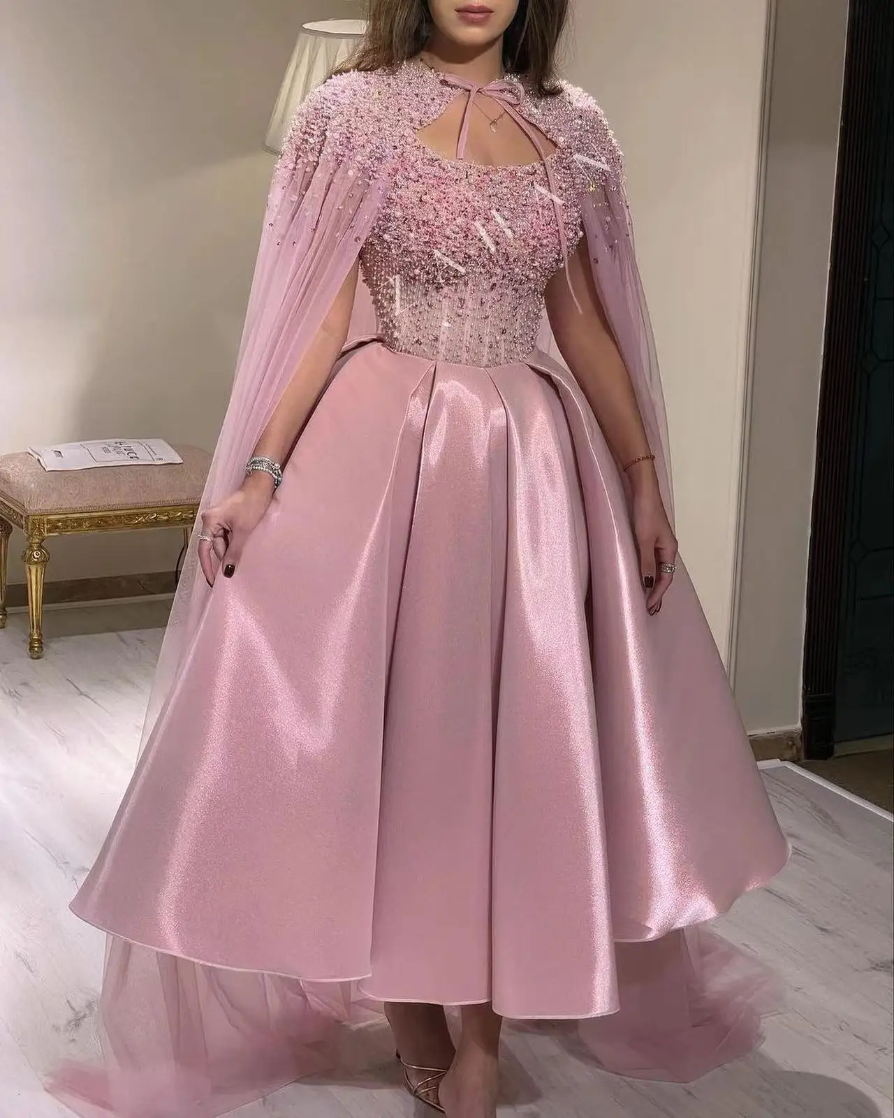 Dusty Rose Prom Dresses Ankle Length A Line Pearls beading Off the Shoulder Satin Formal Evening Gowns with Jacket Customized