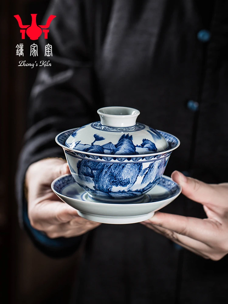 Zhongjiayao Jingdezhen Handmade Set, Sancai Cover Bowl, Tea Cup, Ceramic Hand Painted Chai Kiln, Blue And White Landscape