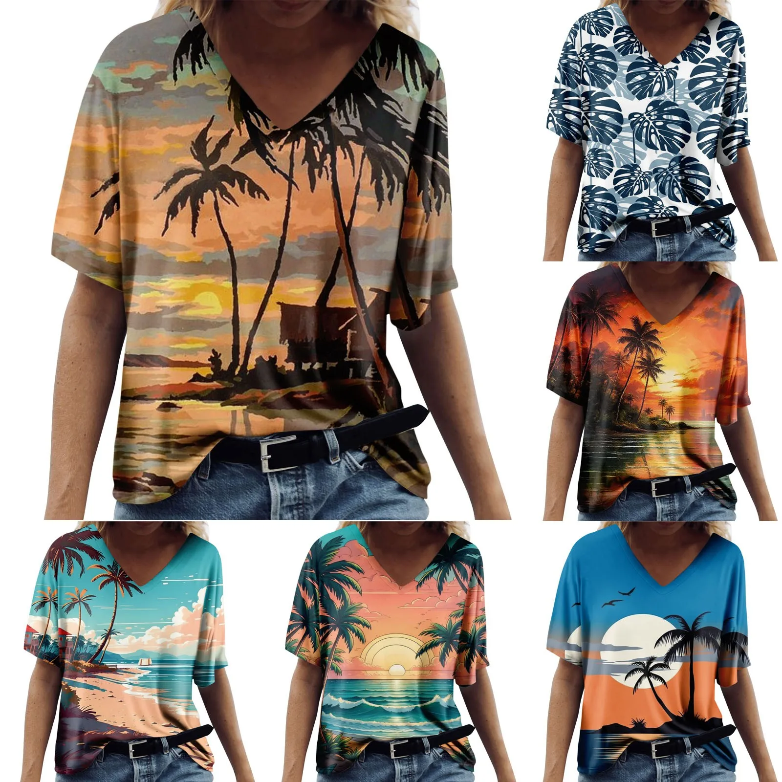 Women's Hawaiian T Shirts V Neck Short Sleeve 3d Printed Shirt Beach Blouse Retro Pattern Shirts Summer Tops 2024 New