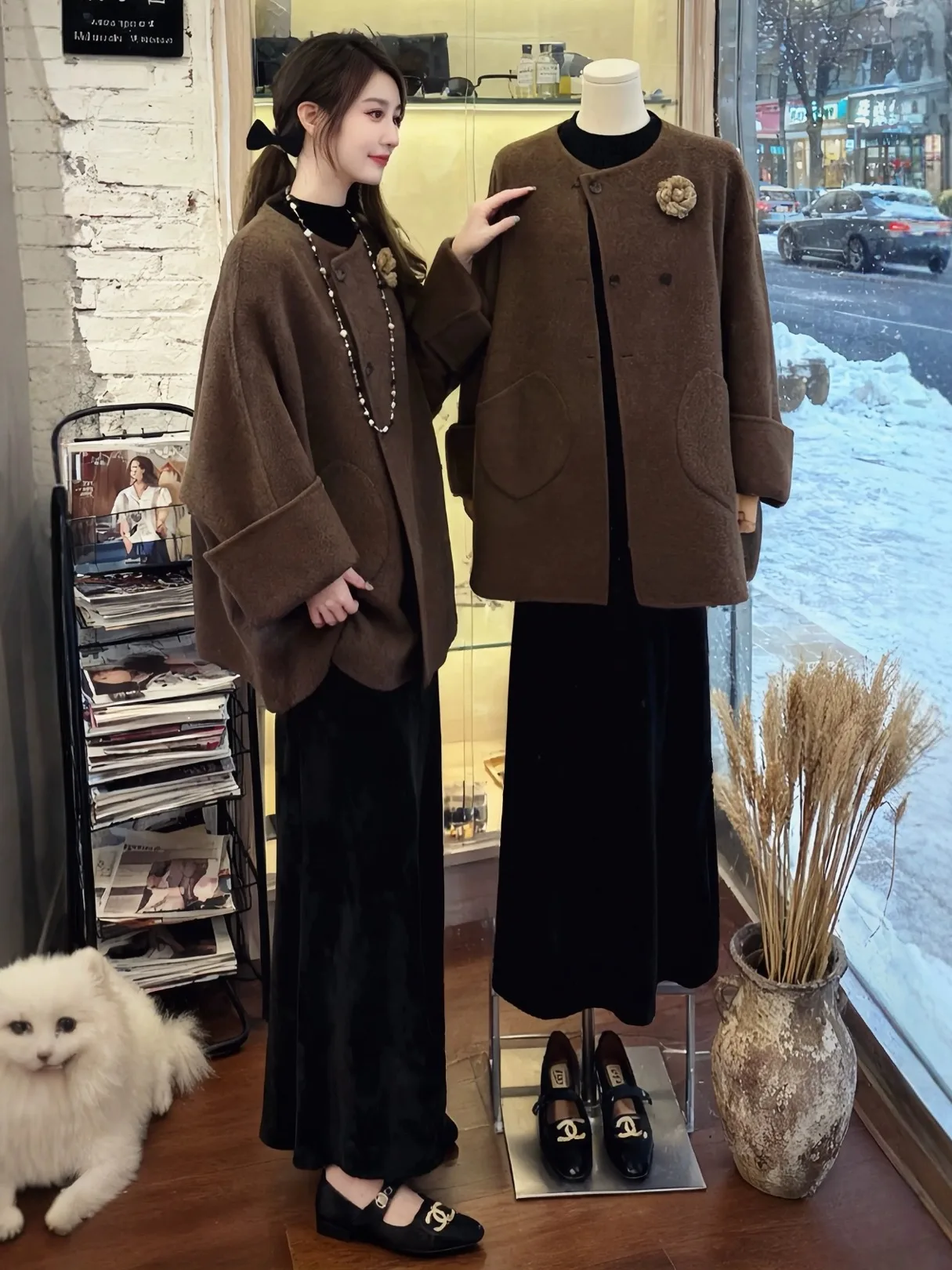 

Зимний модный комплект: пальто и юбка больших размеров для женщин, высококачественный шерстяной плащ, элегантный повседневный стиль, полиэстер.