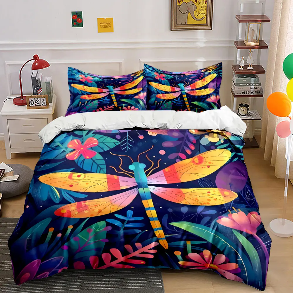 Colorful Dragonfly Decorative Set Bedding Set with 1 Duvet Cover 2 Pillowcases Single Double King Queen, Gift