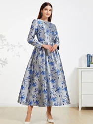 DEVCHATA Luxury Women Long Maxi Spring Jacquard Dress Elegant Party Dresses Long Sleeve Evening Clothing Floral Robe