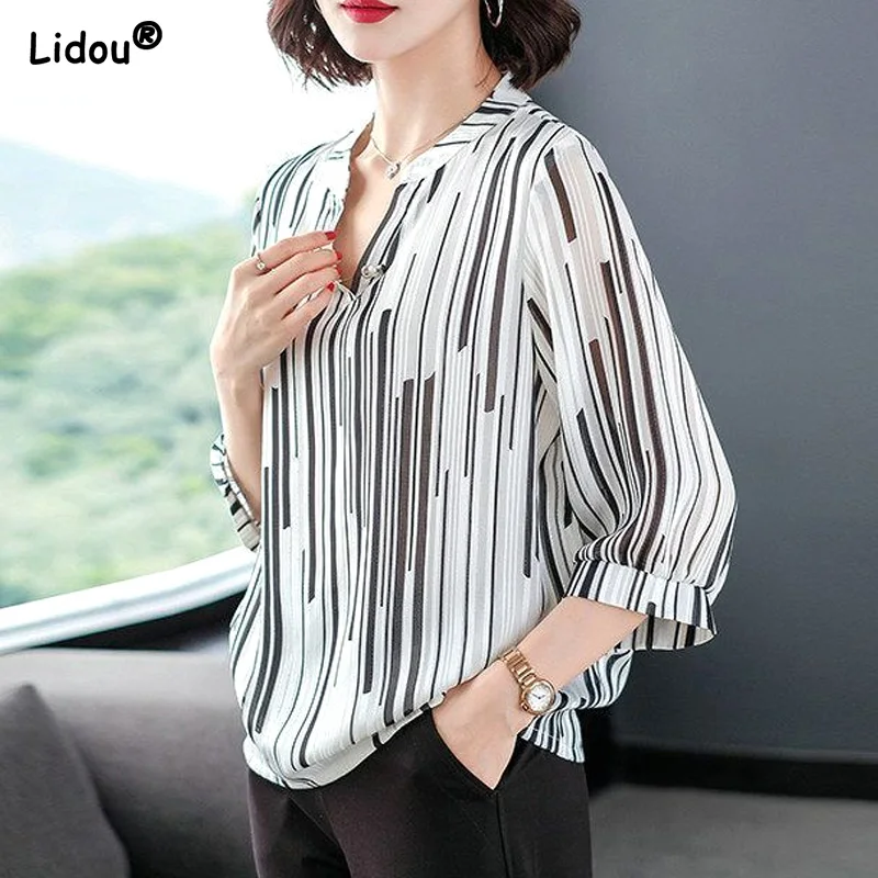 

Women Shirt Straight Button Striped Casual Thin Blouses Spring Summer Turn-down Collar Women's Clothing 2022 Simple Temperament